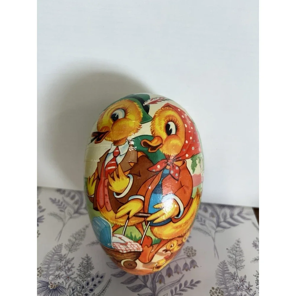 VINTAGE PAPER MACHE CARDBOARD EASTER EGG CANDY CONTAINER DUCK FAMILY‎ W GERMANY